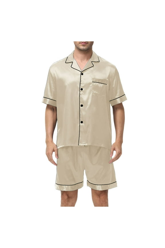 Mens Satin Silk Pajamas Sets Button Down Shirts and Shorts 2 Piece Sets Short Sleeve Sleepwear Loungewear with Pockets Summer Lounge Sets