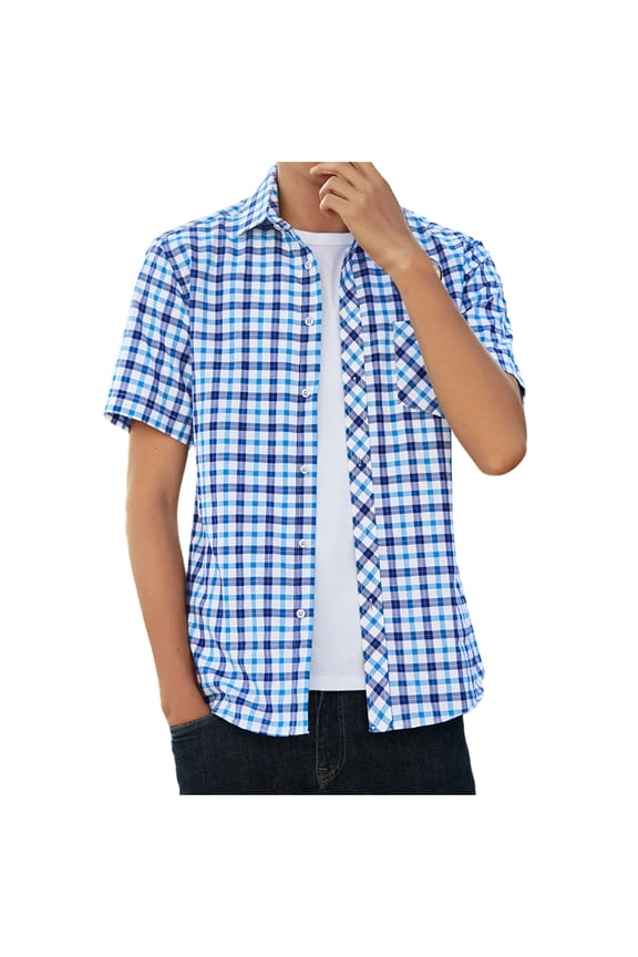 Mens Shirt Plaid Button Down Collared Blouses Short Sleeve Summer Casual Work Dress Shirt Lightweight Baggy Classic Tops