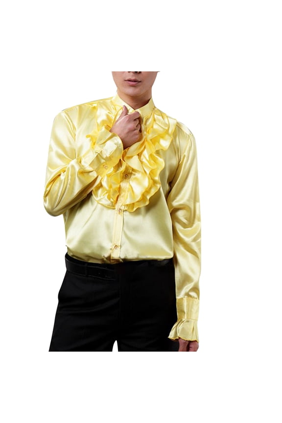 Mens Shirts Ruffles Stand collar Button Down Shirt Lightweight Solid Color Decoration Party Performance Costume