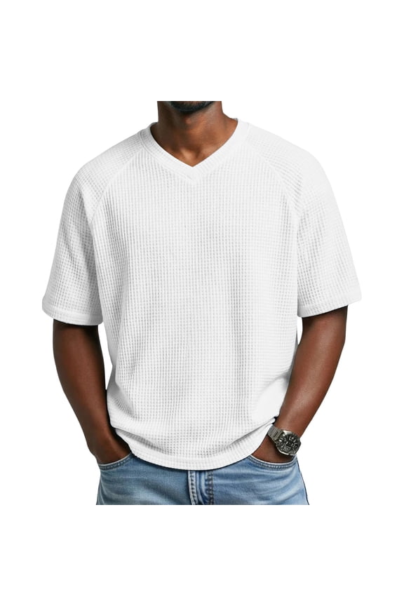 Mens Short Sleeve Waffle Knit Shirts Casual Textured V Neck Summer T-Shirts Loose Fit Plain Raglan Pullover Tee S-3XL