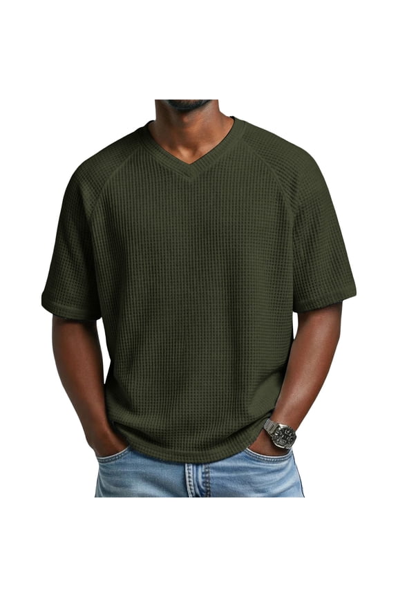 Mens Short Sleeve Waffle Knit Shirts Casual Textured V Neck Summer T-Shirts Loose Fit Plain Raglan Pullover Tee S-3XL