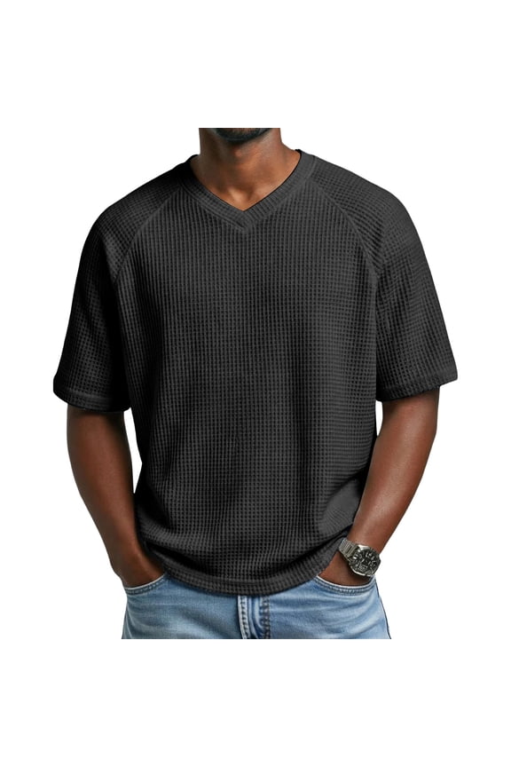 Mens Short Sleeve Waffle Knit Shirts Casual Textured V Neck Summer T-Shirts Loose Fit Plain Raglan Pullover Tee S-3XL