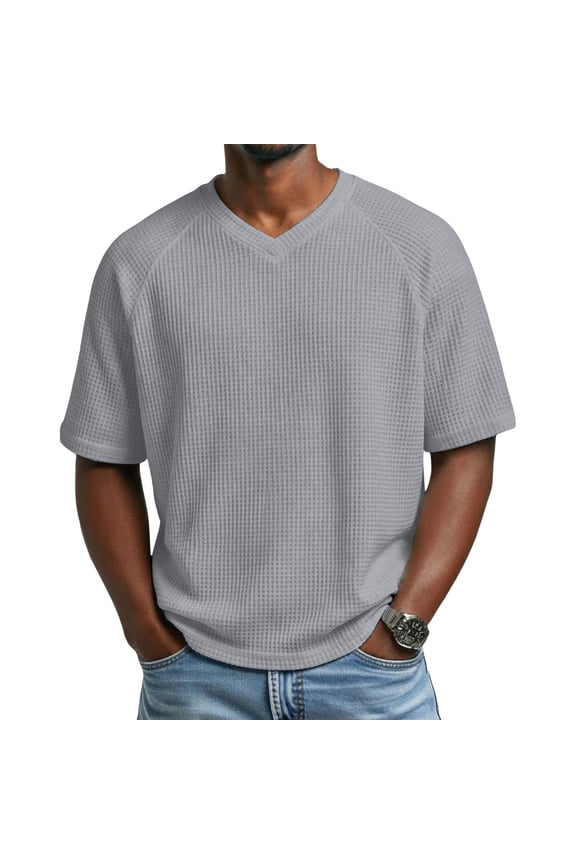 Mens Short Sleeve Waffle Knit Shirts Casual Textured V Neck Summer T-Shirts Loose Fit Plain Raglan Pullover Tee S-3XL