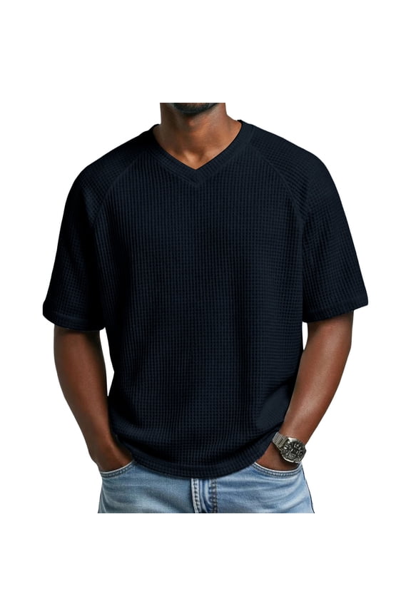 Mens Short Sleeve Waffle Knit Shirts Casual Textured V Neck Summer T-Shirts Loose Fit Plain Raglan Pullover Tee S-3XL