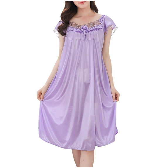 snilers Nightgowns for Women Short Sleeve Silk Satin Nightdress Ruffles Hem Swing Midi Dresses Summer Loose Lace Sleepwear