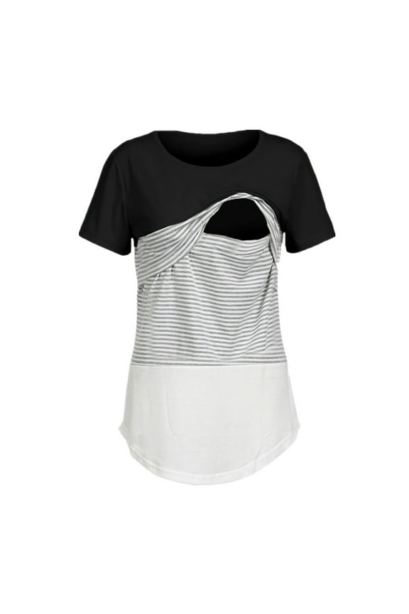Nursing T Shirt Color Block Maternity Short Sleeve Top for Breastfeeding Soft Casual Pregnancy Tee Shirts S-2XL