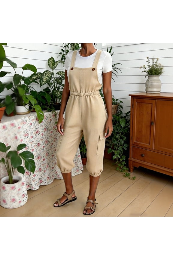 Overalls for Women Sleeveless Linen Adjustable Cargo Jogger Jumpsuit Casual Loose Jumpsuit Summer Capri Rompers with Pockets M