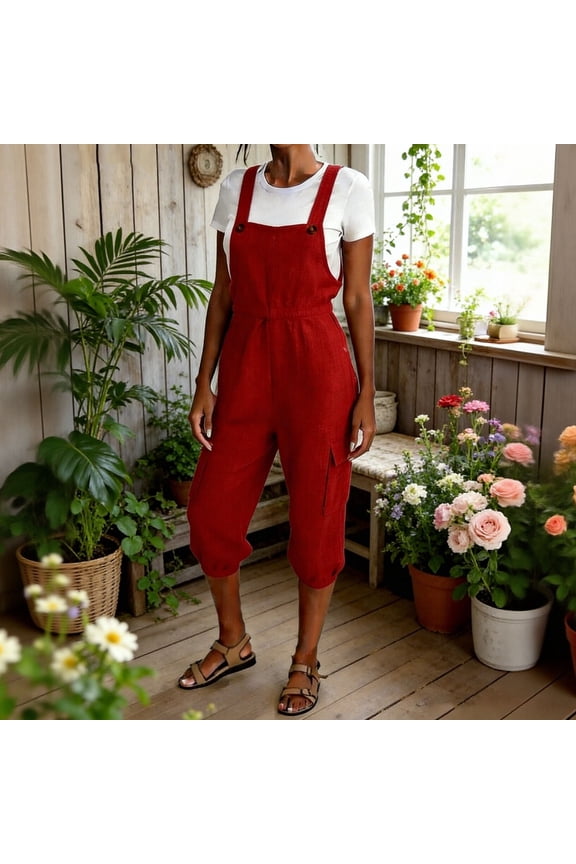 Overalls for Women Sleeveless Linen Adjustable Cargo Jogger Jumpsuit Casual Loose Jumpsuit Summer Capri Rompers with Pockets S