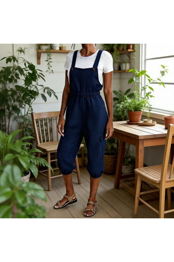 Overalls for Women Sleeveless Linen Adjustable Cargo Jogger Jumpsuit Casual Loose Jumpsuit Summer Capri Rompers with Pockets XXL