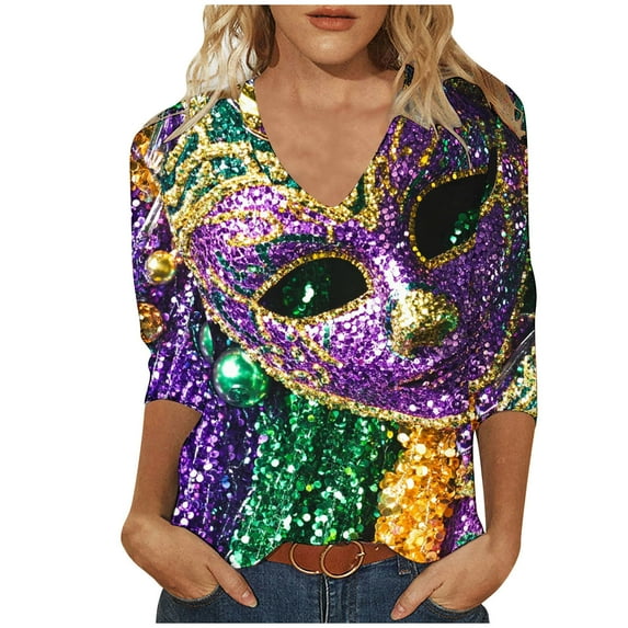 snilers Oversized Womens Mardi Gras T Shirts 3/4 Sleeve V Neck Pullover Trendy Casual Funny Mask Graphic Printed Tunic Tops