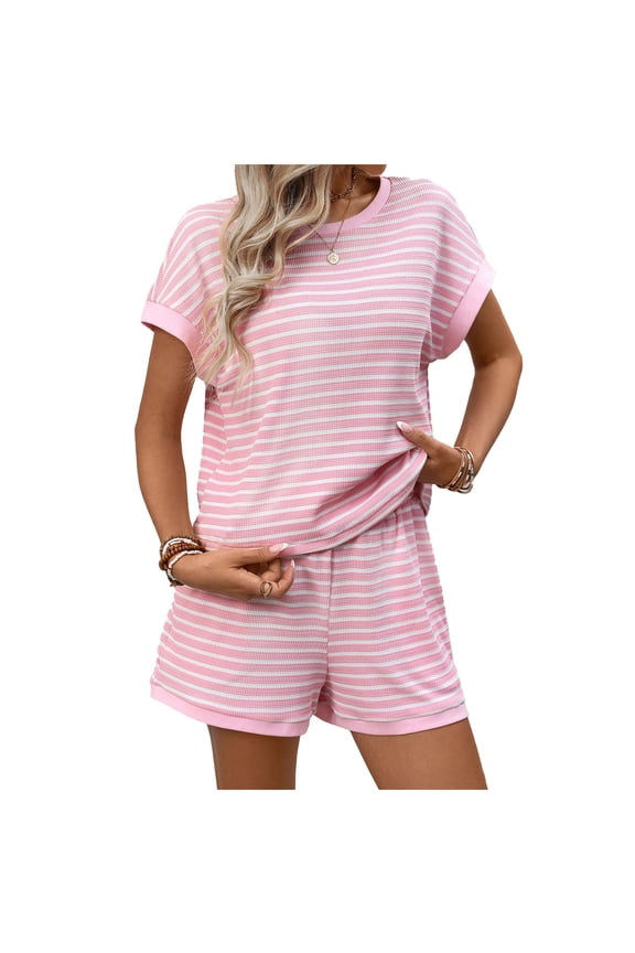 Pajamas Set for Women Waffle Knit Lounge Set 2 Piece Outfits Striped Cap Sleeve Loungewear Sweatsuit with Pockets M