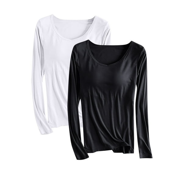 snilers Plus Size 2 Pack Womens Modal T Shirts Long Sleeve Round Neck Pajama Built in Bra Solid Color Basic Tee Shirt Soft Cosy Sleepwear
