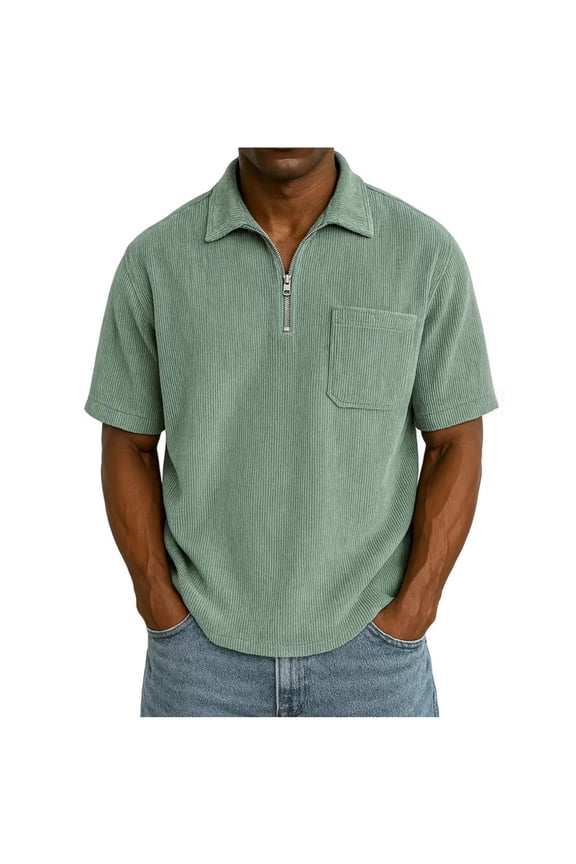 Quarter Zip Sweatshirt for Men Summer Short Sleeve Corduroy Shirts Loose Stand Collar Ribbed Sweater Pullover Tops S-5XL