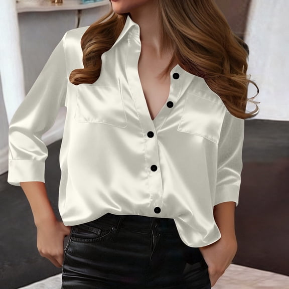 snilers Satin Blouses for Women Trendy Silk V Neck Collared Button Down Shirts Dressy Casual 3/4 Sleeve Tops with Pockets S-2XL