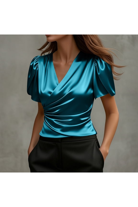 Satin Tops for Women Trendy Silk V Neck Wrap Shirts Dressy Casual Blouses Pleated Puff Short Sleeve Tunic Tees S-2XL