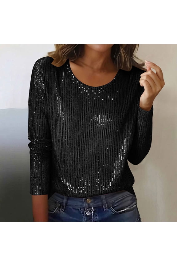 Sequin Tops for Women Fashion Crew Neck 3/4 Sleeve Shirts Casual Sparkly Holiday Party Sparkle Shimmer Tee Blosue S-2XL