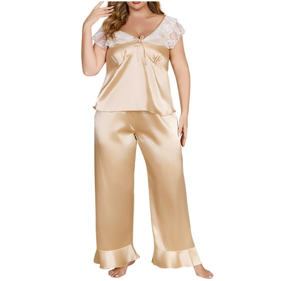 snilers Silk Pajamas for Women Plus Size Satin Shirts and Pants 2 Piece Sets Lace Short Sleeve Sleepwear Summer Loose Lounge Sets