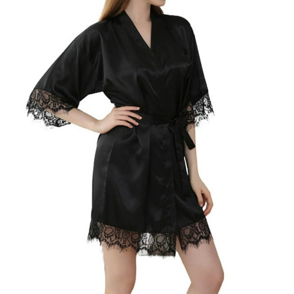snilers Silk Robes for Women 3/4 Sleeve Satin Nightgown Bride Comfy Lightweight Sleepwear Short Lace Trim Kimono Bathrobe