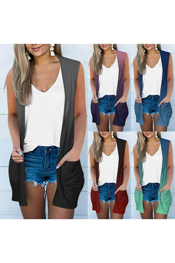 Sleeveless Cardigans for Women Open Front Tunic Vest Long Cardigan Tops Coat Loose Cover Ups Shrug Sweaters with Pockets