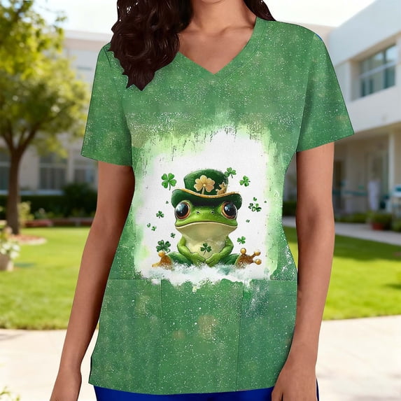 snilers St Patricks Day Scrubs for Women V Neck Irish Shamrock Print Scrub Tops Soft Nurse Uniform Shirts with Pockets S-5XL