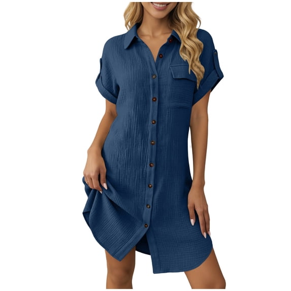 snilers Summer Dresses for Women Button Down Short Sleeve T Shirt Dress Textured Casual Lapel Mini Beach Dress with Pocket S-2XL