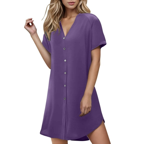 snilers Summer Dresses for Women Button Down V Neck T Shirt Dress Casual Solid Short Sleeve Mini Dress Loose Swing Sundress Beach Tank Dress