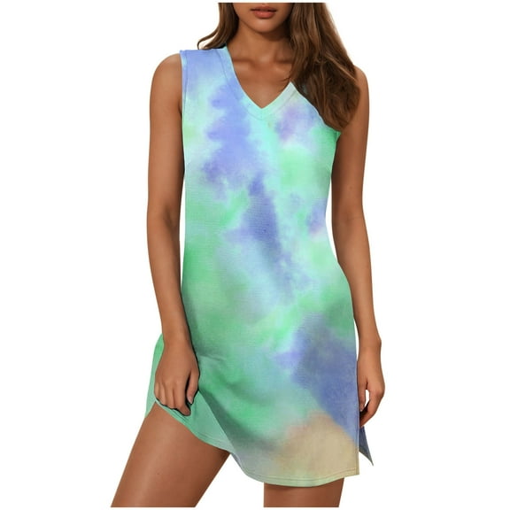 snilers Summer Dresses for Women Sleeveless V Neck Swing Tank Dress Casual Ties Dyes Side Split Beach Vacation Mini Dresses