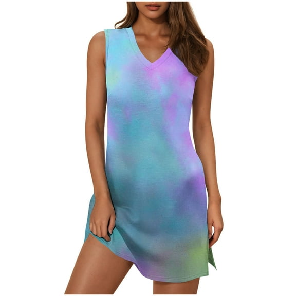 snilers Summer Dresses for Women Sleeveless V Neck Swing Tank Dress Casual Ties Dyes Side Split Beach Vacation Mini Dresses