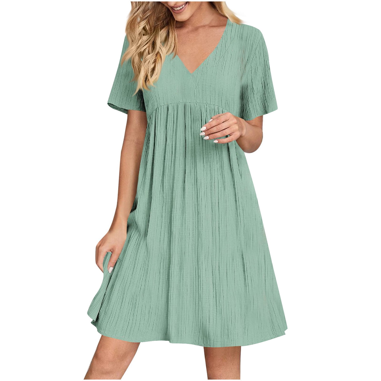 Loose Summer Dress Womens V-Neck Swing Layered Women Smock Dress Tiered  Short Sleeve Loose Fit Swing Outwear Holiday Mini Casual Summer Dresses  Ladies UK 8-14 Beige V Neck Long Sleeve Dress