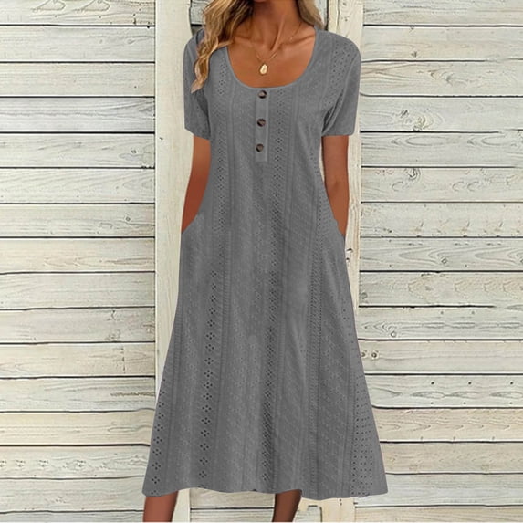 snilers Summer Midi Dresses for Women Short Sleeve Boho Eyelet Dresses Flowy Casual Swing Beach Sundress with Pockets S-2XL