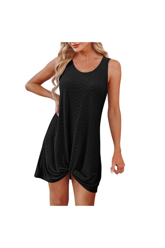 Summer Sundress for Women Sleeveless Crew Neck Swimsuit Cover Ups Boho Eyelet Twisted Knot Tank Dresses Beach Vacation Mini Dresses