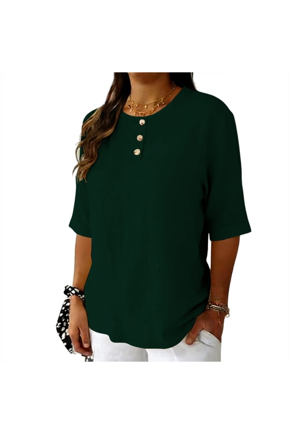 Summer Tops for Women Casual Half Sleeve Henley Shirts Button Crewneck Basic Tees Loose Vacation Beacah Blouse S-2XL