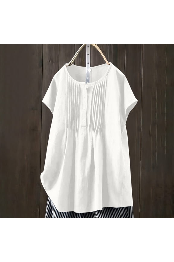 Summer Tops for Women Short Sleeve Cotton Linen T-Shirt Button V Neck Shirts Loose Casual Flowy Pleated Tunic Blouse S-2XL
