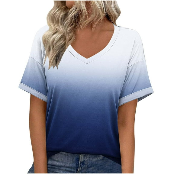 snilers T Shirts for Women Short Sleeve V Neck Gradient Pullover Loose Fitted Casual Athletic Going Out Tunic Tops Summer Vacation Outfits
