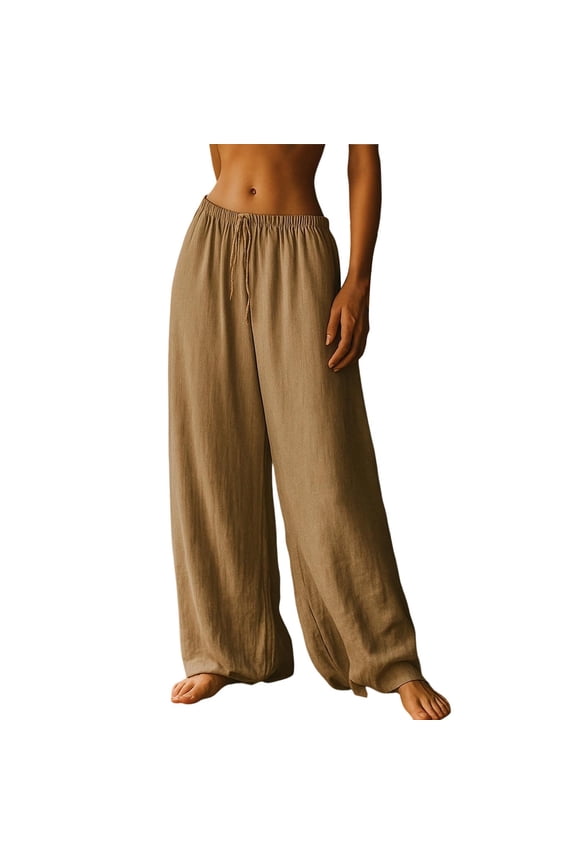 Wide Leg Linen Pants for Women Drawstring Elastic Waist Palazzo Pants Casual Beach Vacation Lounge Trousers with Pockets S