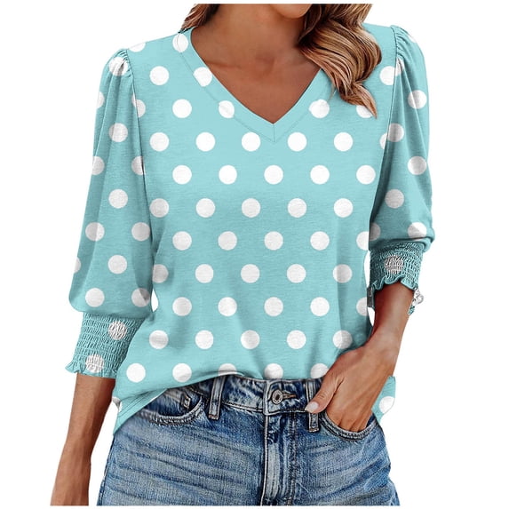 snilers Women Blouses 3/4 Length Sleeve Womens Tops Trendy Ruffle Smocked Shirts V Neck Striped Tunic Top
