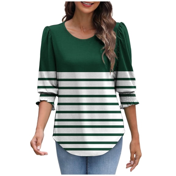snilers Women Blouses 3/4 Sleeve T Shirts Fashion Crewneck Curved Hem Striped Tees Dressy Casual Going Out Tops