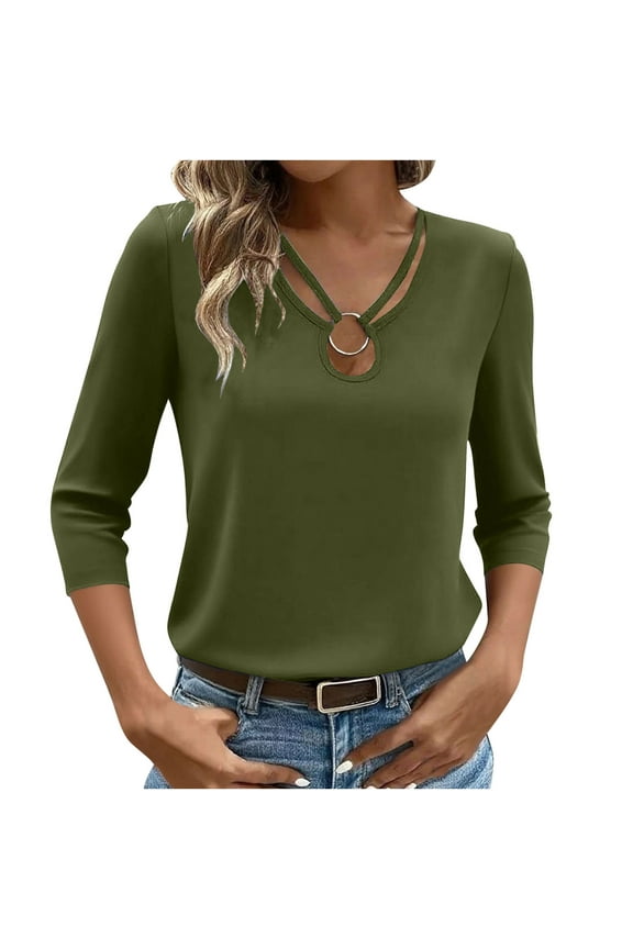 Women Blouses Casual Cut Out Ring Keyhole Neck Tunic Tops Fashioh Solid Basic Tees 3/4 Sleeve T Shirts