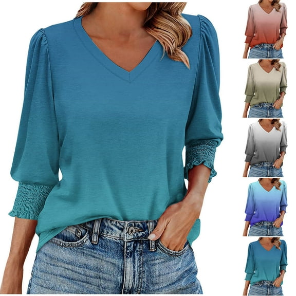 snilers Women Blouses Dressy Casual 3/4 Length Sleeve Beach Tops Smocked Cuffs V Neck T Shirts Ruffle Sleeve Blouses