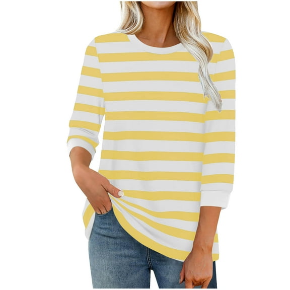snilers Women Blouses Dressy Casual Going Out Tops 3/4 Sleeve T Shirts Fall Outfits Crew Neck Striped Graphic Tees