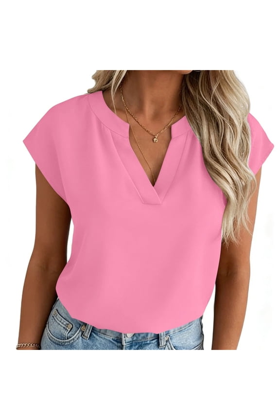 Women Cropped T-Shirts Cap Sleeve Notch V Neck Loose Fit Summer Tee Shirts Casual Plain Tops Trendy Clothes L