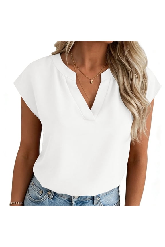Women Cropped T-Shirts Cap Sleeve Notch V Neck Loose Fit Summer Tee Shirts Casual Plain Tops Trendy Clothes M