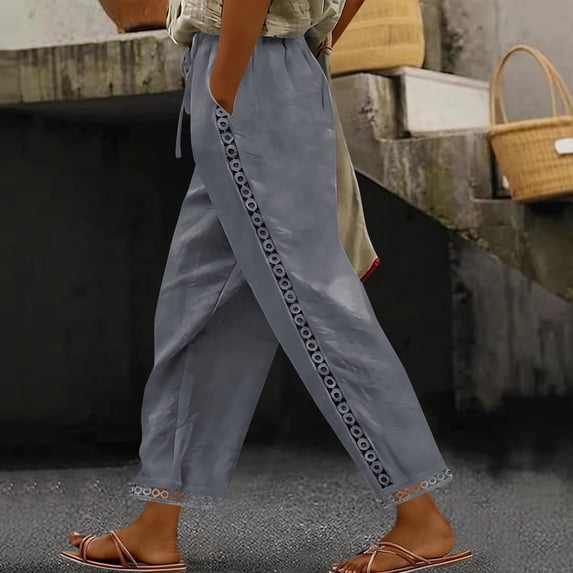 snilers Women Linen Pants Wide Leg Lace Trim Ankle Pants High Waist Drawstring Casual Palazzo Loose Beach Pant Cropped Trousers S