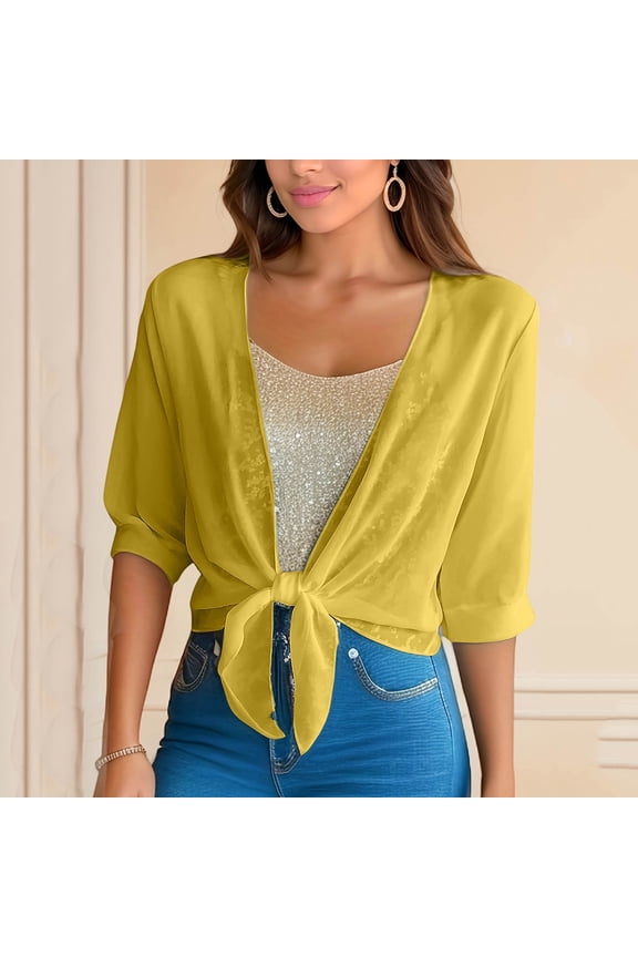 Women Tie Front Chiffon Shrug Half Sleeve Bolero Lightweight Cropped Sheer Short Shrug Cardigan Tops Yellow L