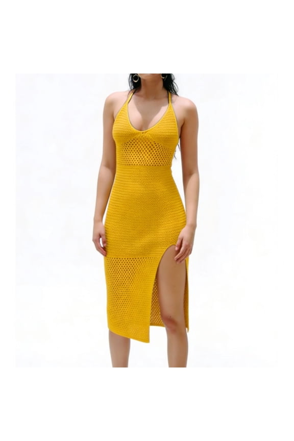 Women V Neck Bodycon Dress Knitted Halter Backless Crochet Hollow Out Split Mini Dress Summer Party Club Beach Dresses S-XL