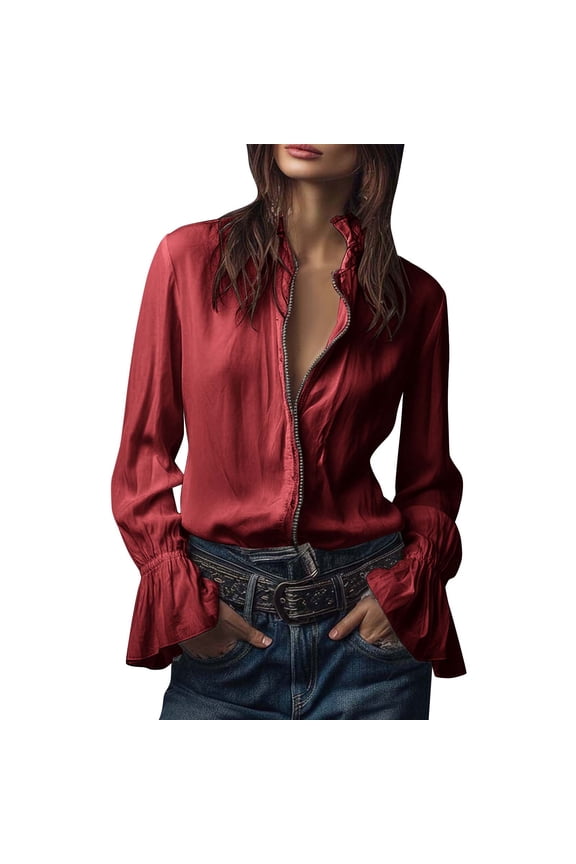 Women Vintage Ruffle Blouse Casual Long Bell Sleeve Zip Up Shirt Spring Summer Collared Boho Frilly Tops S-2XL