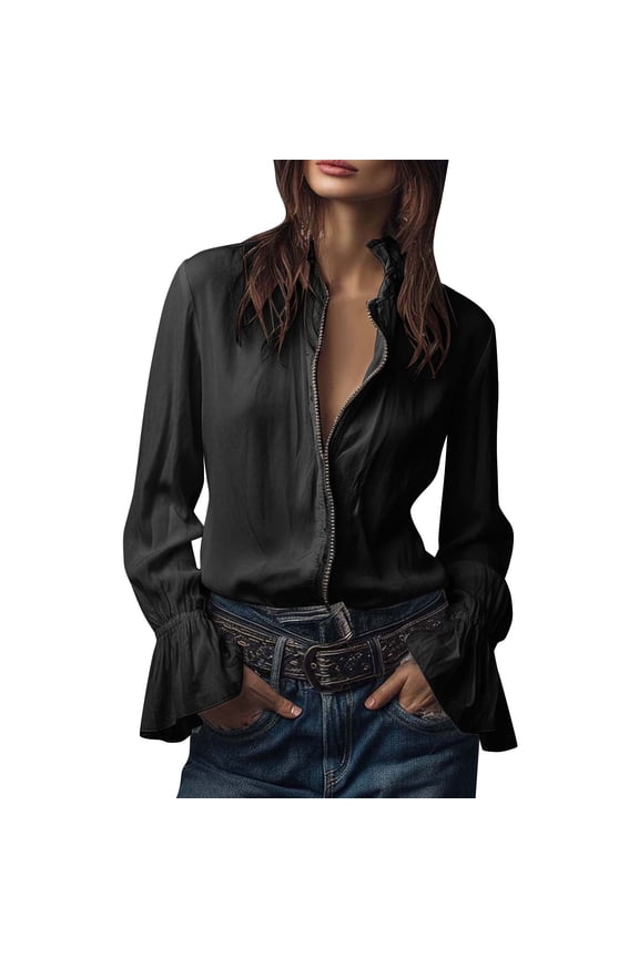 Women Vintage Ruffle Blouse Casual Long Bell Sleeve Zip Up Shirt Spring Summer Collared Boho Frilly Tops S-2XL