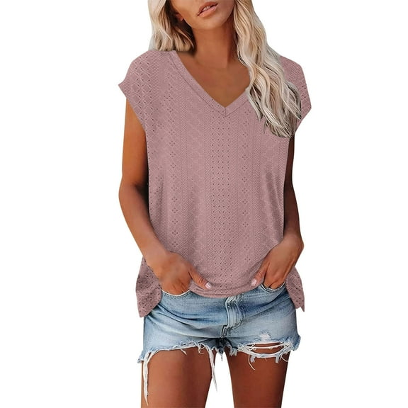 snilers Women's T Shirts Short Sleeve Eyelet V Neck Basic Tunic Tops Loose Fitted Breathable Dressy Casual Summer Blouses Multicolour