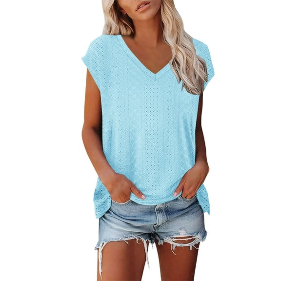 snilers Women's T Shirts Short Sleeve Eyelet V Neck Basic Tunic Tops Loose Fitted Breathable Dressy Casual Summer Blouses Multicolour