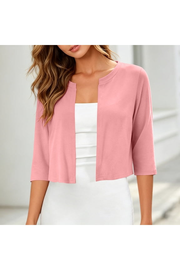 Womens 3/4 Sleeve Cropped Cardigan Sweaters Lightweight Open Front Bolero Short Shrugs for Dress Pink XL